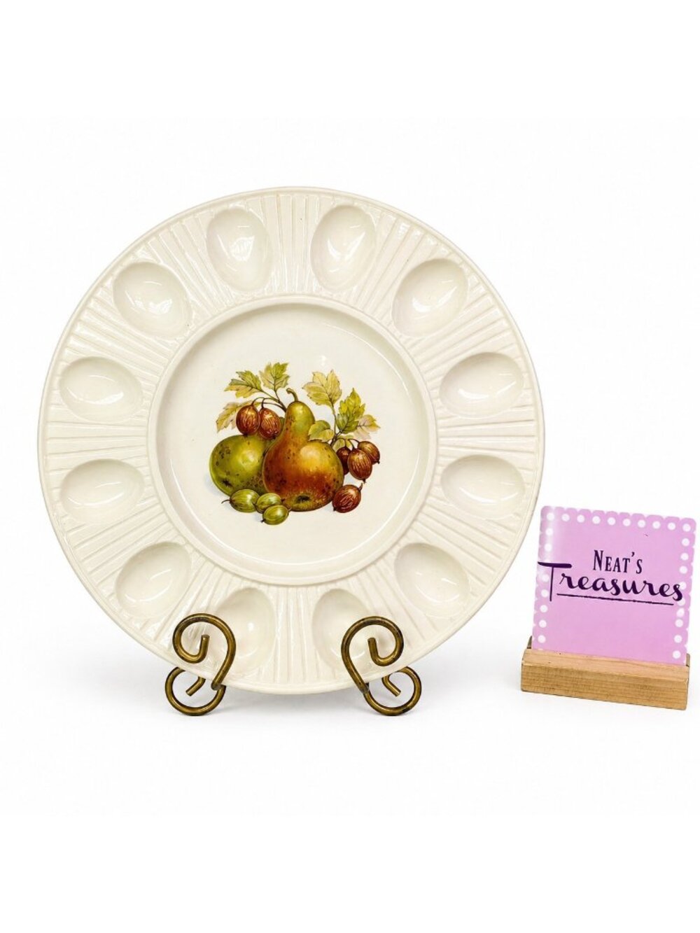 70's Treasure Craft FRUIT Pear Figs Leaf Stoneware 12" Round Deviled Egg Dish